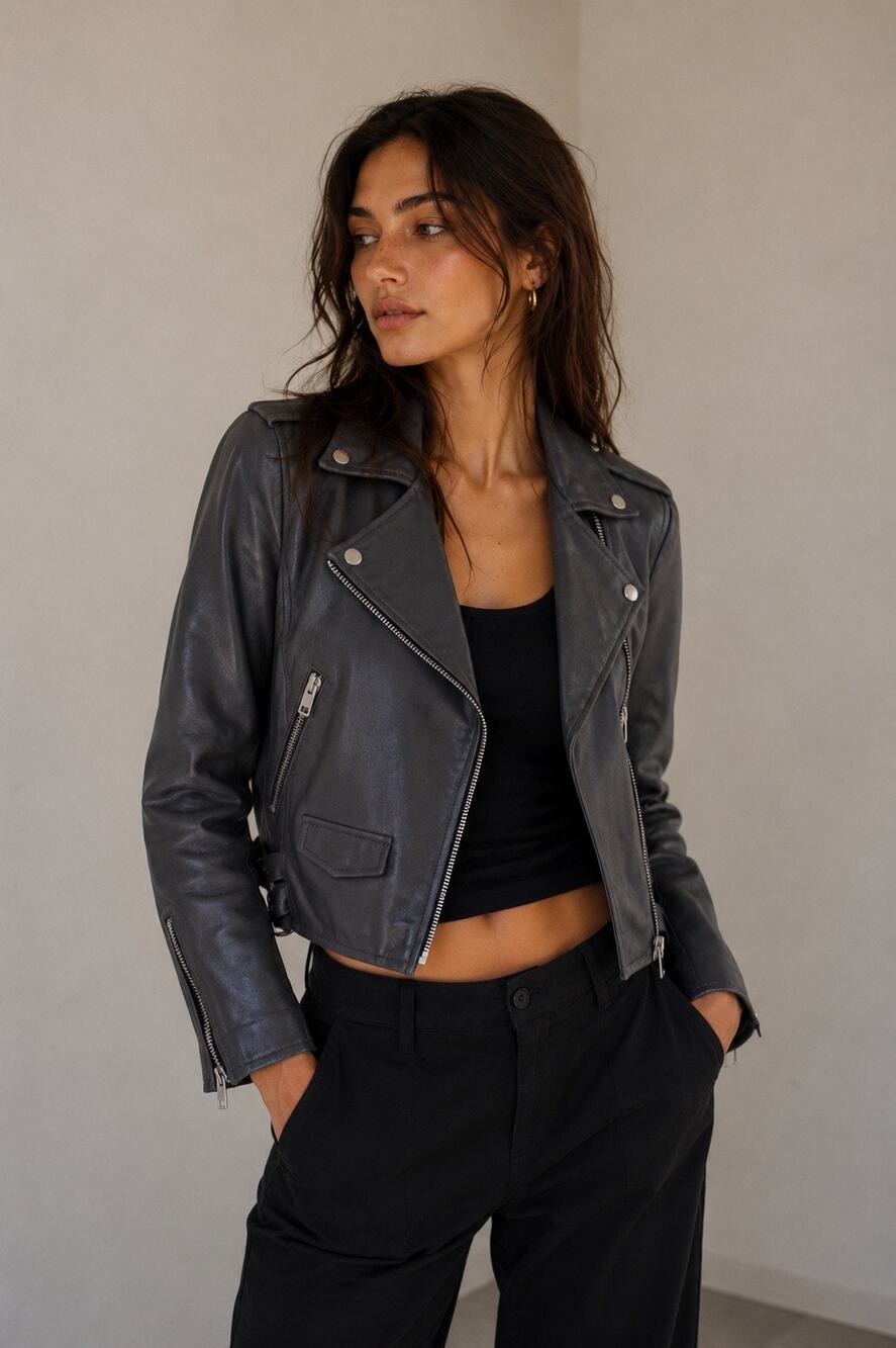 Y2K Walter Baker Liz Cropped Moto Leather Jacket Dark Gray XS Minimalist Biker